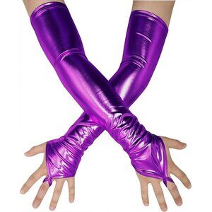 Women's Fingerless Shiny Metallic Spandex Purple Fashion Long Elastic Gloves